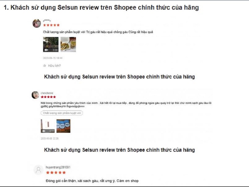 Review của khách hàng về dầu gội Selsun trên trang Shopee của hãng