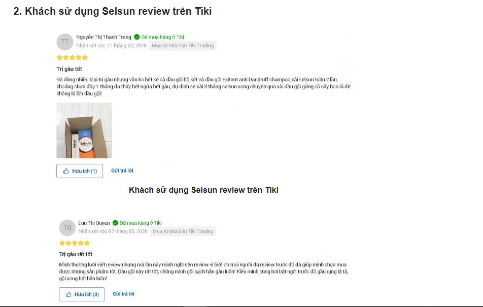 Khách hàng phản hồi về Selsun trên sàn thương mại Tiki